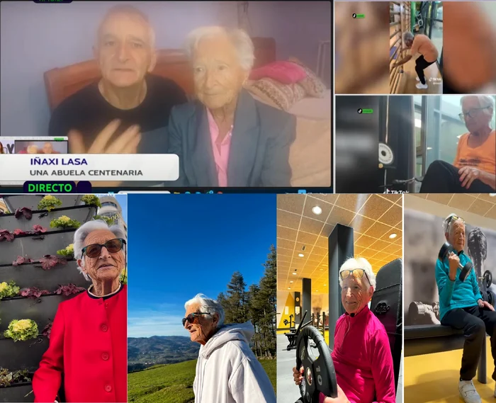 Colaj de imagini cu Inaxa Lasa - femeia din Spania de 100 de ani - alături de fiu și la sală