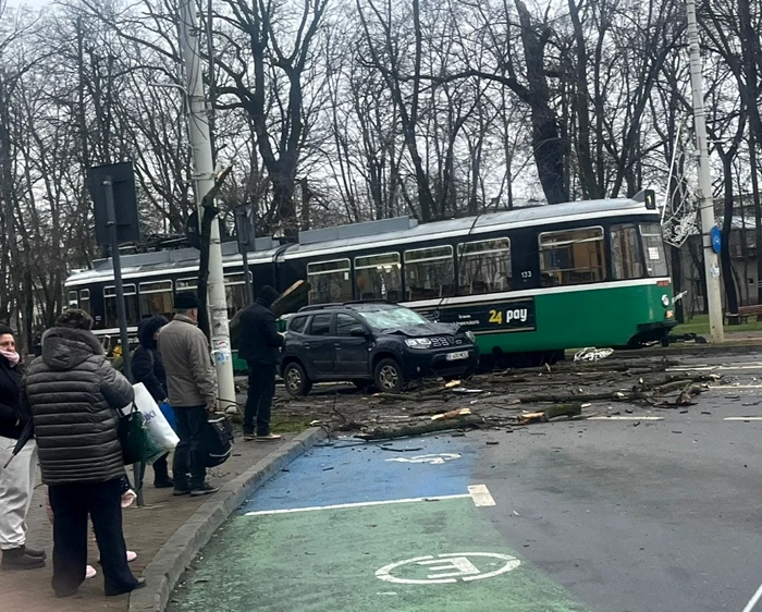 Copacul s-a prăbuşit peste o maşină şi un tramvai. Foto Facebook