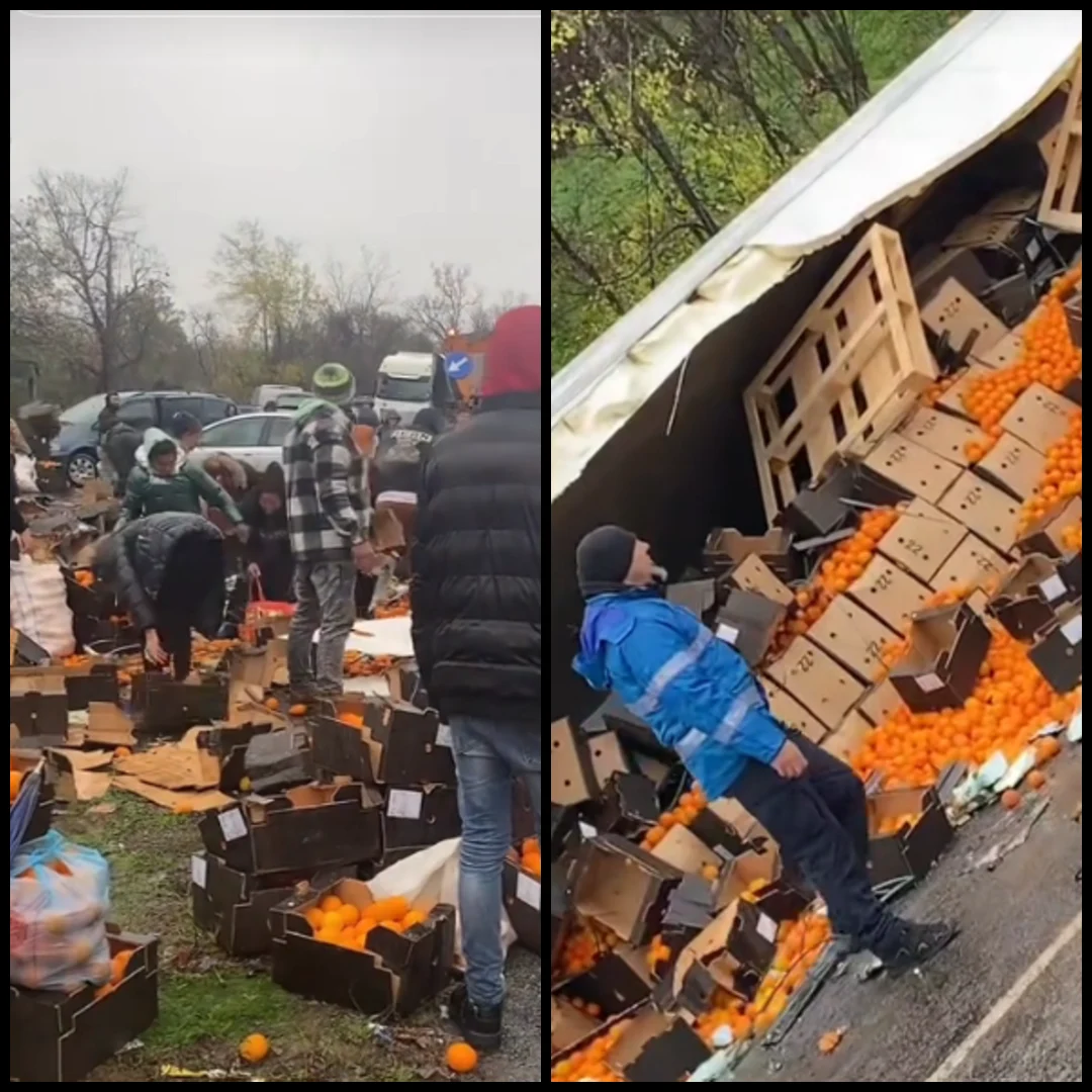 Zeci de oameni s-au înghesuit să adune portocalele împrăștiate dintr-un TIR răsturnat pe un drum din Mehedinți