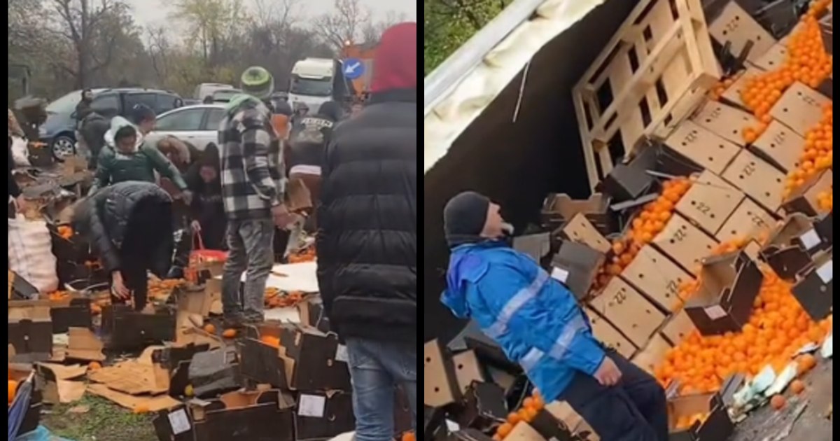 Oamenii s-au grăbit să adune portocalele vărsate dintr-un TIR răsturnat în Mehedinți
