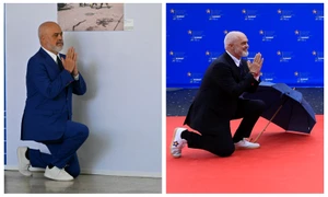  Edi Rama îngenunchează în așteptarea Georgiei Meloni FOTO AFP