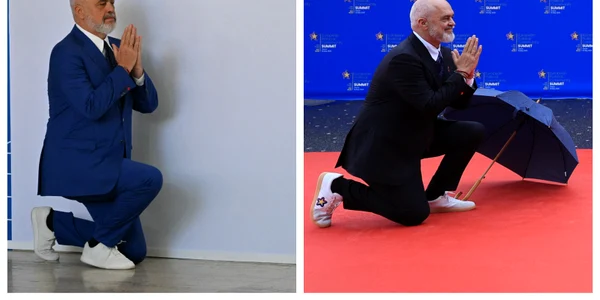  Edi Rama îngenunchează în așteptarea Georgiei Meloni FOTO AFP