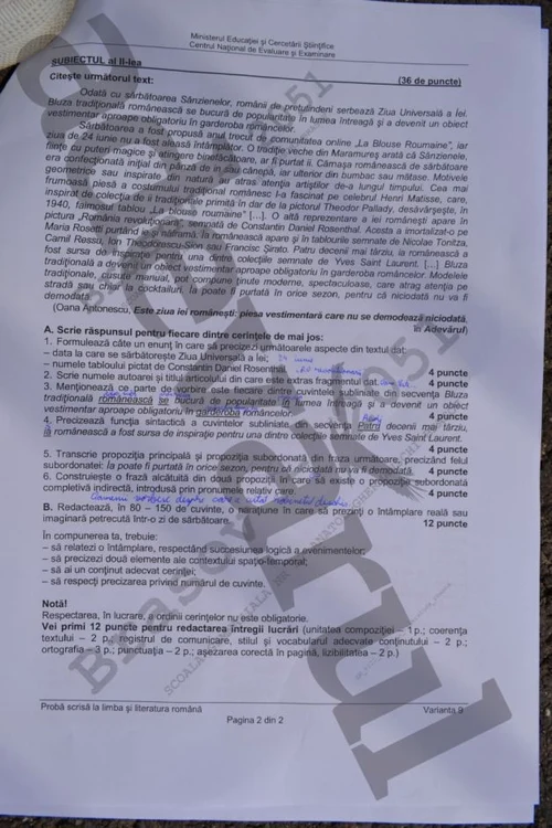 Subiect Română Evaluarea Națională 2015