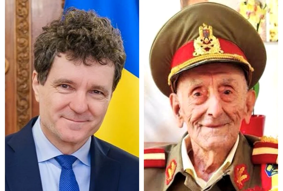 Nicușor Dan l-a decorat pe veteranul Ion Vasile Banu. FOTO: Colaj Adevărul