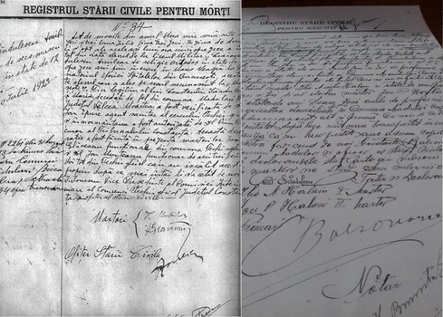 Actele de deces și de naștere ale lui Amilcar Săndulescu Colaj imagini de arhivă