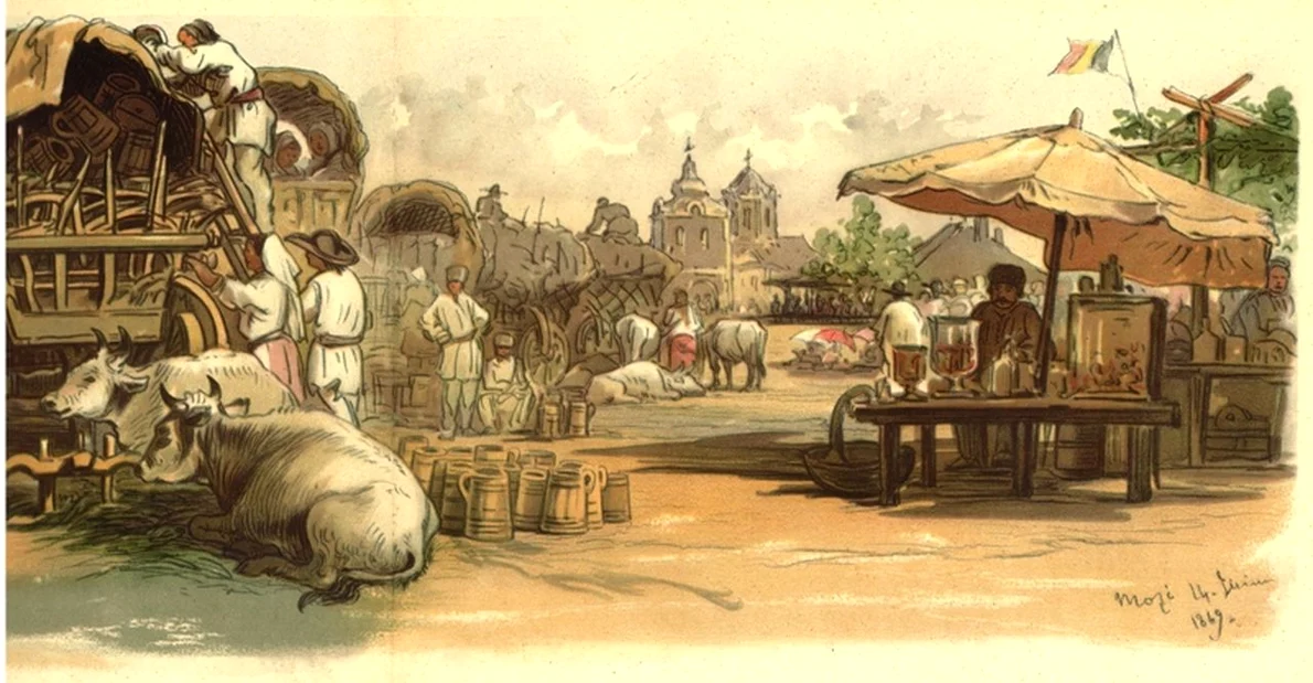 București. Târgul moșilor, acuarelă de Amedeo Preziosi, din 1869 