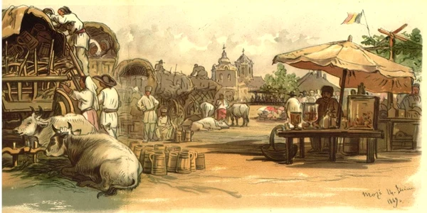 București. Târgul moșilor, acuarelă de Amedeo Preziosi, din 1869 
