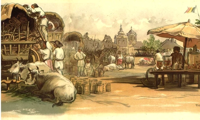 București. Târgul moșilor, acuarelă de Amedeo Preziosi, din 1869