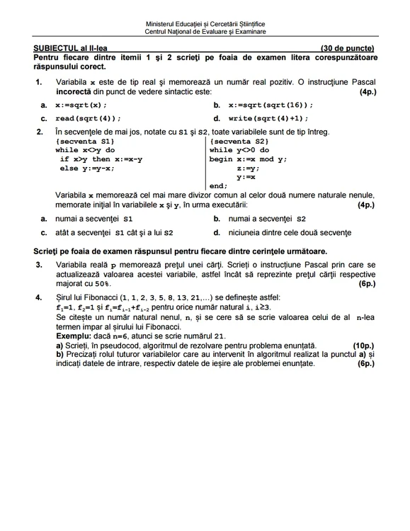 Bac 2015 subiecte Informatică. Limbajul Pascal/Ştiinţele naturii - prima sesiune