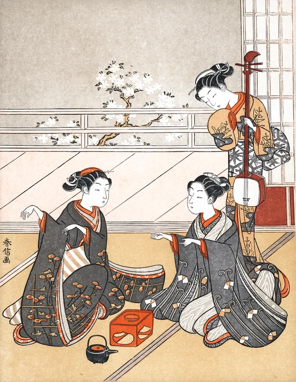 Stampă de epocă: „Fete jucând jocul Ken“, cca. 1745-1770, autor: Suzuki Harunobu