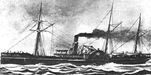Pictură a SS Pacific, care transporta aur și s-a scufundat în 1875 