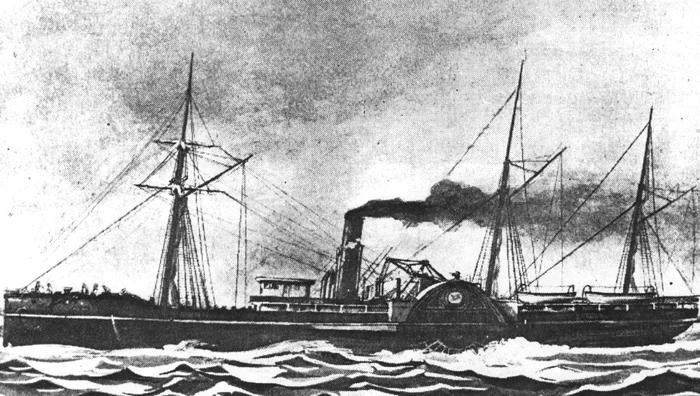 Pictură a SS Pacific, care transporta aur și s-a scufundat în 1875