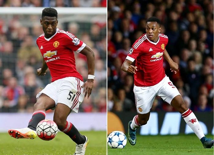 Timothy Fosu-Mensah (stânga) și Anthony Martial (dreapta), cei doi fotbaliști ai lui Manchester United