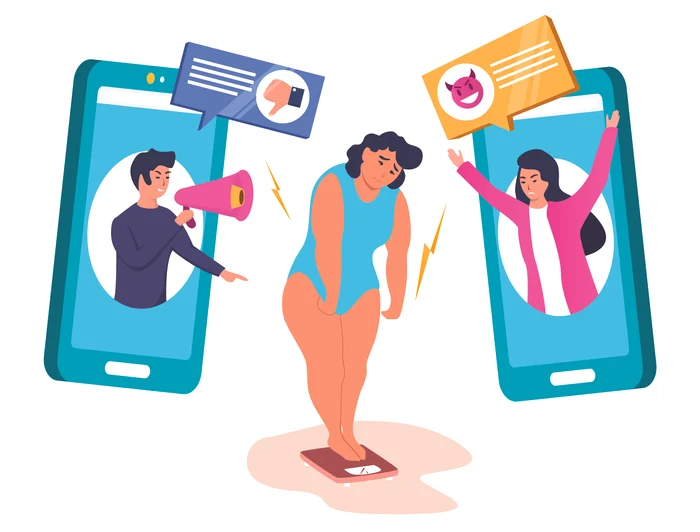 Ilustrație cu o femeie înt costum de baie, afectată de comentarii negative primite online