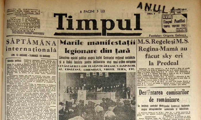 Rebeliunea Legionară din ianuarie 1941 pe pagina întîi a ziarului Timpul (foto: cristoiublog.ro)