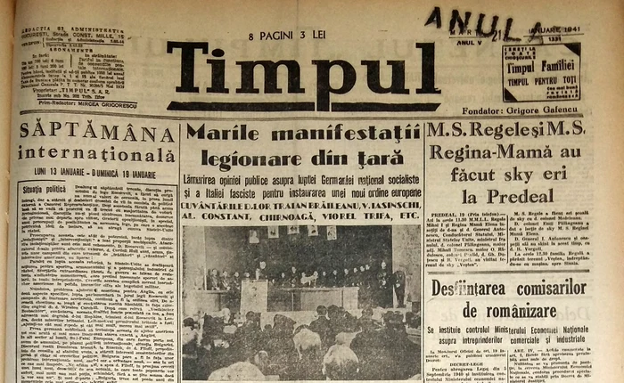 Rebeliunea Legionară din ianuarie 1941 pe pagina întîi a ziarului Timpul (foto: cristoiublog.ro)