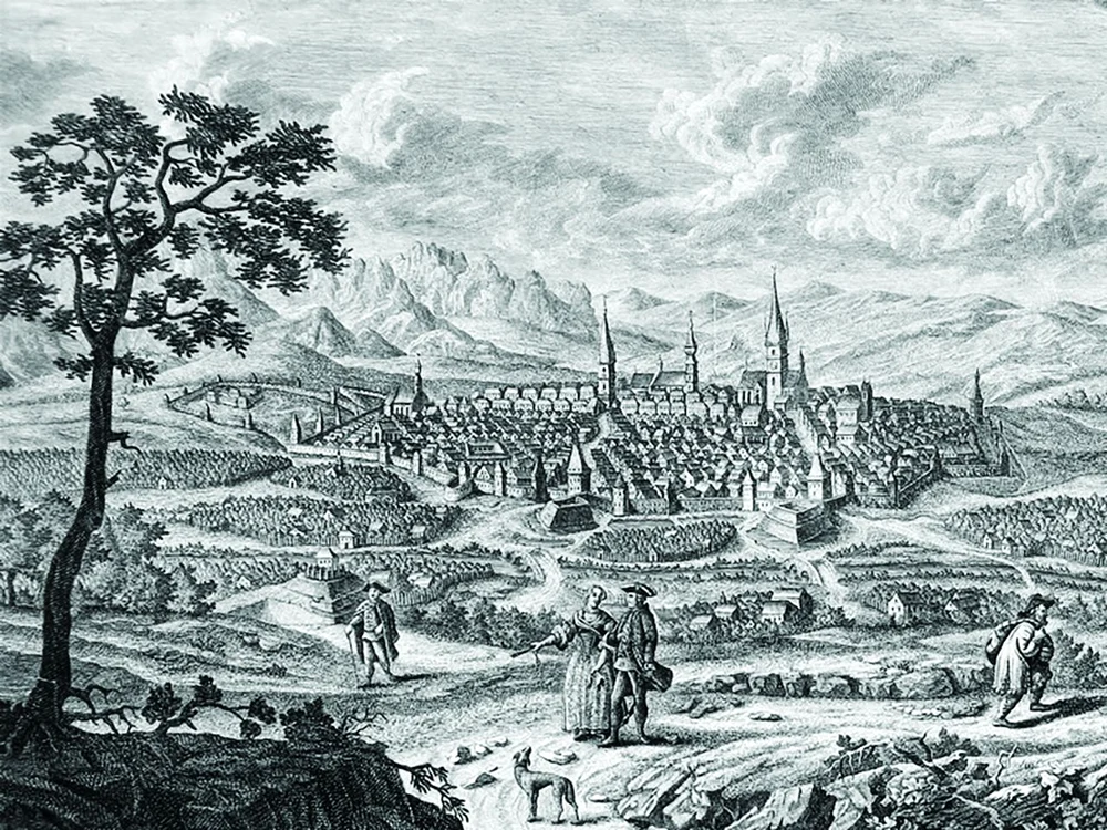 Sibiu, vedere de pe dealul Gușteriței. Gravură de secol XVIII