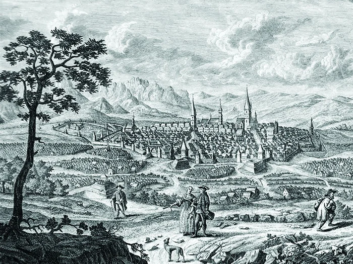 Sibiu, vedere de pe dealul Gușteriței. Gravură de secol XVIII