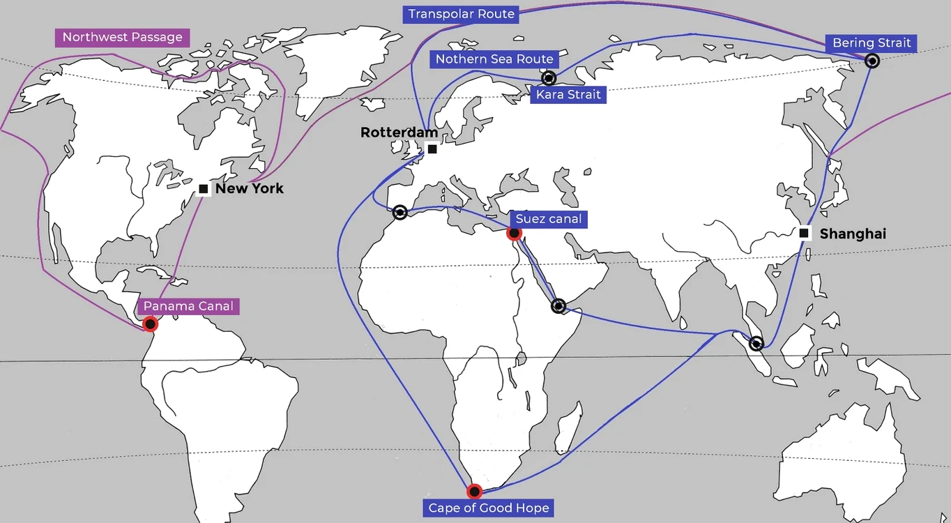 Harta lumii pe care sunt desenate principalele rute maritime