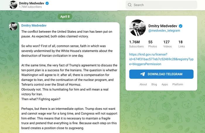 Reacția Rusiei după armistițiul SUA-Iran. FOTO: captură foto Telegram