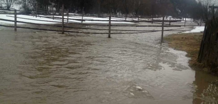 Apele râului Dorna au ieşit din matcă şi au inundat mai multe terenuri.           Foto: ISU Suceava