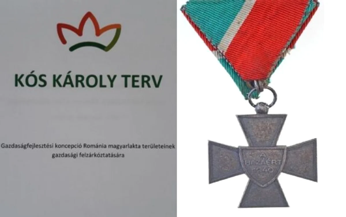 Stânga: „Planul Kós Károly” al Budapestei din 2017 (denumit după promotorul „transilvanismului” Kós Károly), dedicat maghiarilor din România. Dreapta: decoraţia* „Nemzetvédelmi Kereszt” (Crucea Apărării Naţionale), primită de Kós Károly în 1941, după Diktatul de la Viena, de la regentul Miklós Horthy