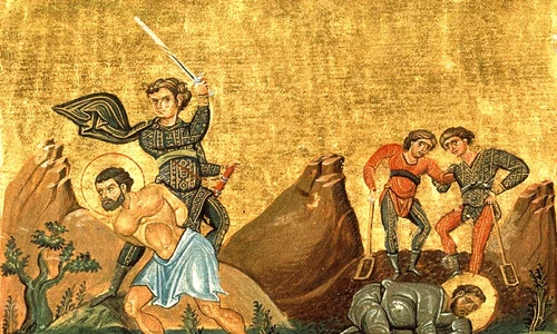 calendar ortodox 2022 5 ianuarie Martiriul Sfinților Mucenici Teopemt și Teona   miniatură din Menologhionul lui Vasile al II lea Macedoneanul (985  Vatican Library  Roma ) jpg