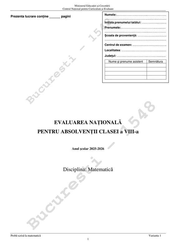 Evaluarea Națională 2026  Subiecte Matematică 1 jpg