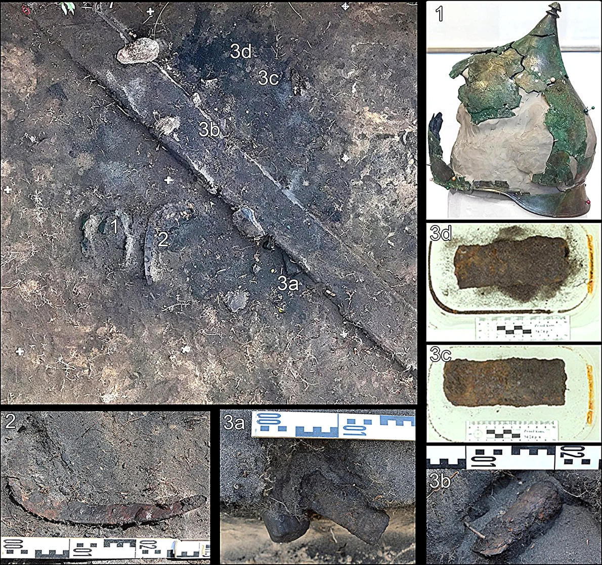 Diverse obiecte găsite în aceeași groapă, alături de coiful de bronz de tip Berru (1), inclusiv o coasă de fier (2) și patru tesle (3a–d)