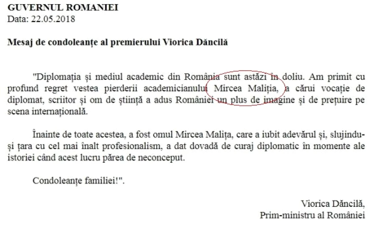 Viorica Dancila condoleante