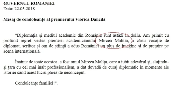 Viorica Dancila condoleante