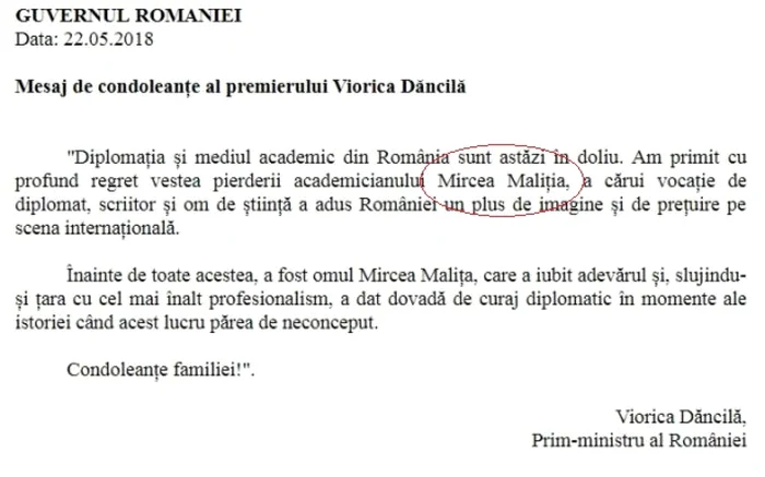 Viorica Dancila condoleante