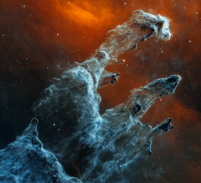 Stâlpii Creației, varianta întunecată, realizată de telescopul James Webb: „Figuri fantomatice sar prin cosmos”