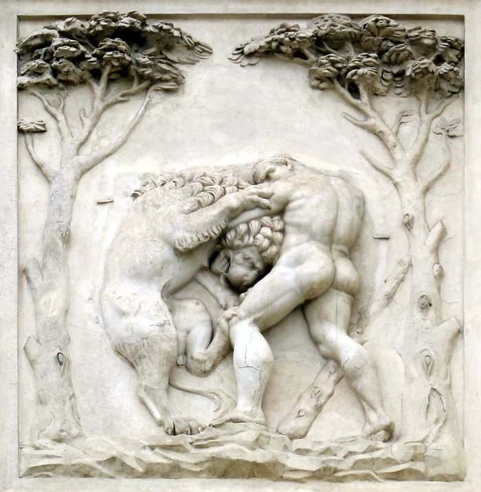 Lupta lui Hercule cu leul din Nemeea, relief antic, Villa Medici, Roma