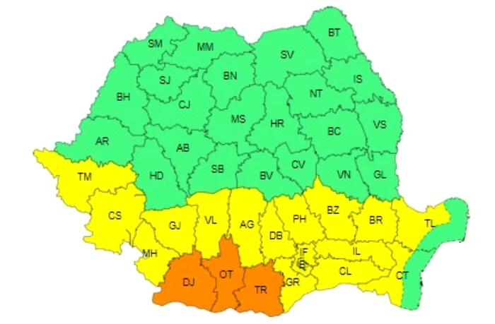Harta județelor afectate de avertizările meteo valabile sâmbătă, 20 iulie.