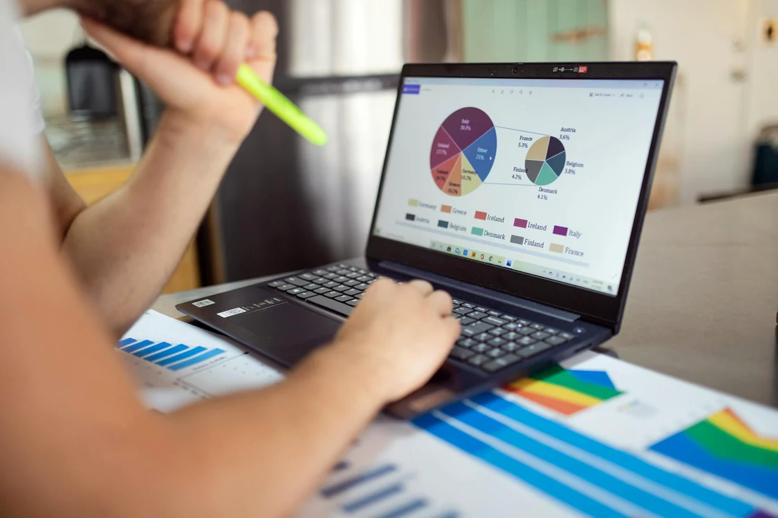 Cineva studiază niște grafice economice pe un laptop