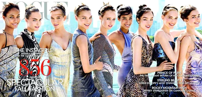 De la stânga la
dreapta, Joan Smalls, Cara Delevingne, Karlie Kloss, Arizona
Muse, Edie Campbell, Imaan Hammam, Fei Fei Sun, Vanessa Axente şi Andreea
DiaconuFOTO: Vogue.com