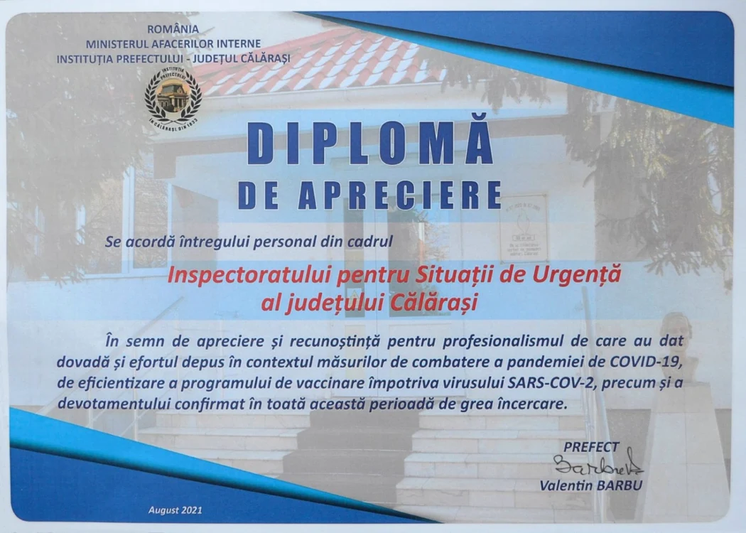 Diplomă pentru pompierii călărăşeni FOTO Facebook/ISU Călăraşi