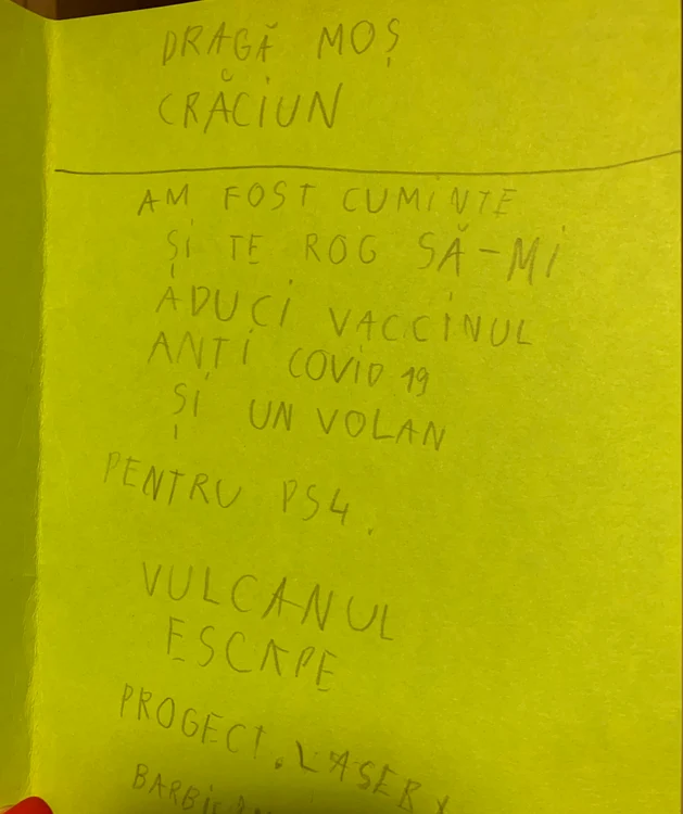Scrisoarea Renatei către Moș Crăciun, în decembrie 2020