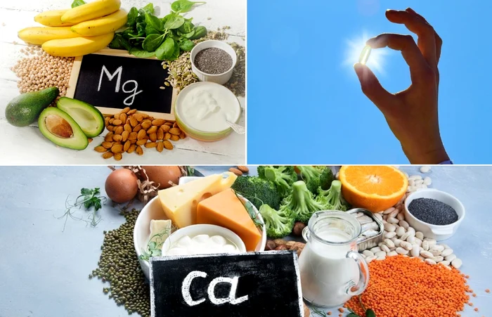 Colaj cu imagini ilustrative pentru magneziu, vitamina d și calciu