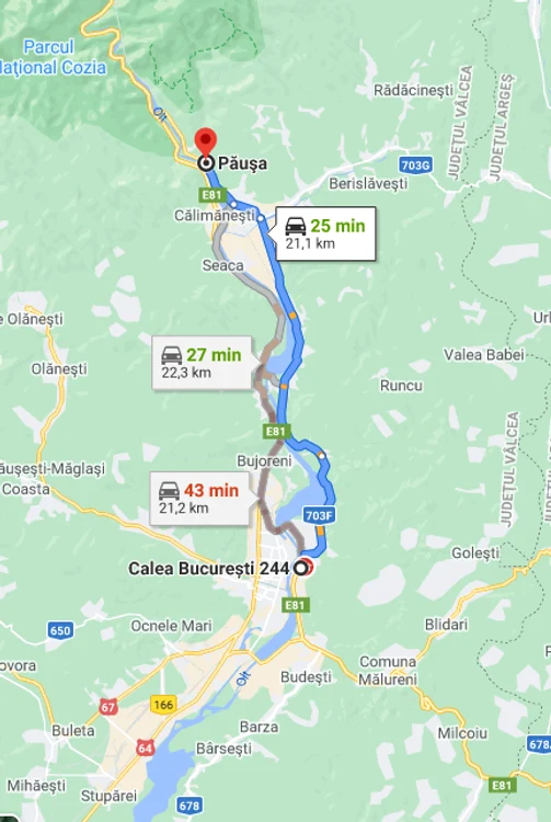 Tronsoanele dintre Râmnic și Călimănești - stânga DN7 și dreapta - varianta de ocolire Google Maps