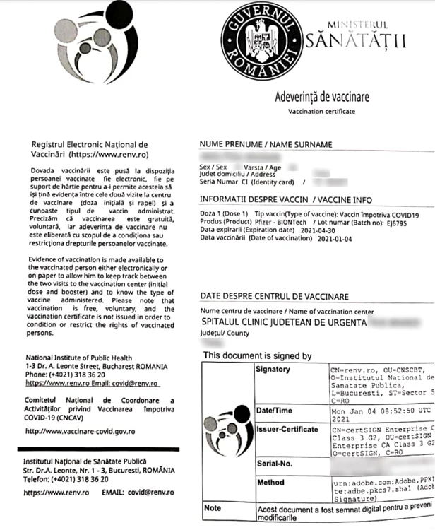 Adeverinţă de vaccinare. Foto Adevărul