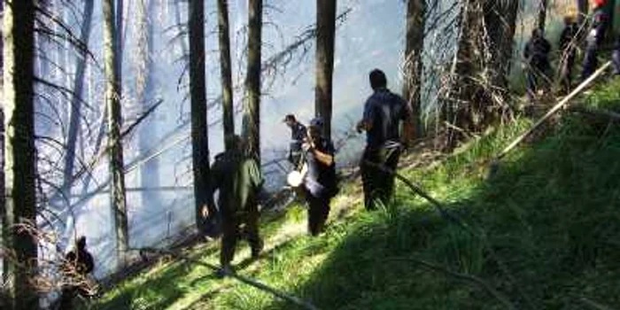 Pompierii militari luptandu-se cu incendiul din munți