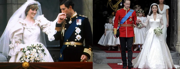 Prințesa Diana și Prințul Charles (stânga) și Kate Middleton și Prințul William (dreapta)