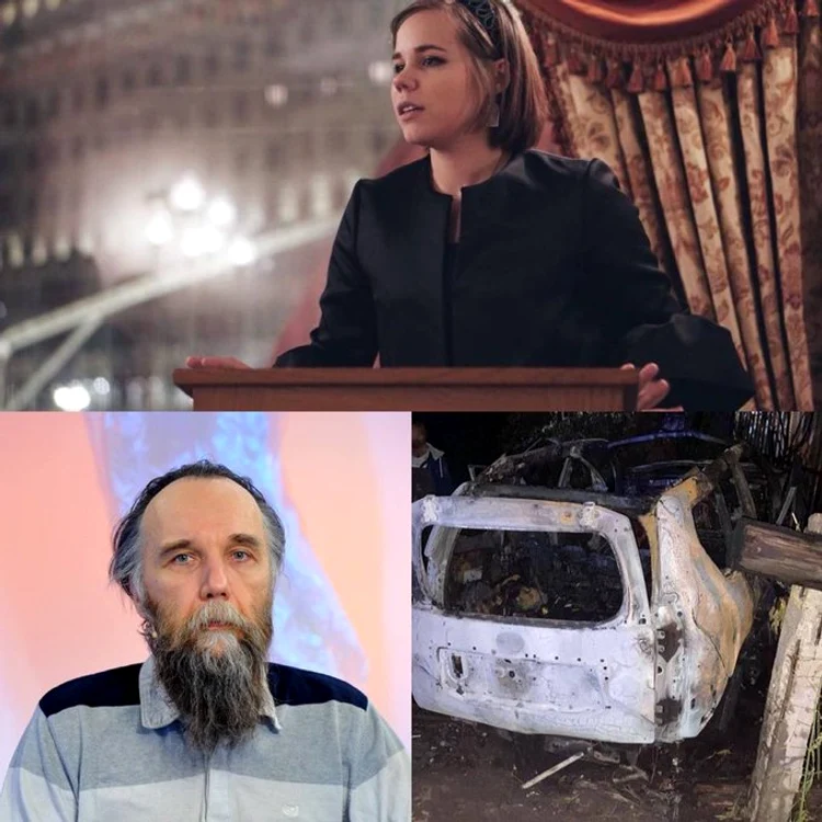 Daria Dughina, Alexandr Dughin și mașina în care se afla aceasta, după explozie. Foto: Nexta TV via 