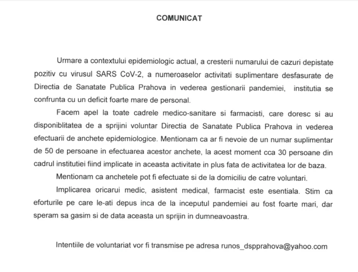 DSP Prahova cere ajutor de la voluntari