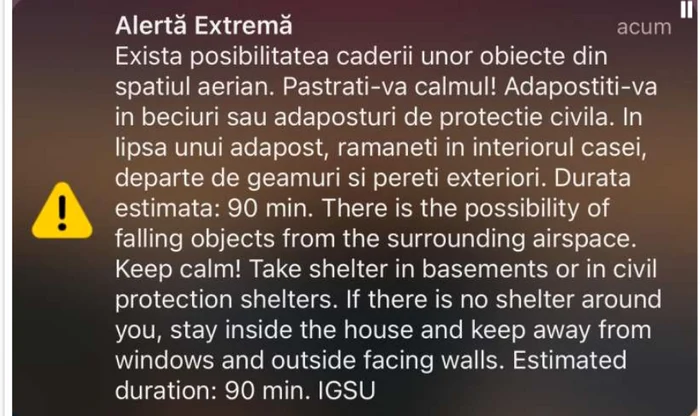Mesajul RO-Alert. FOTO Facebook