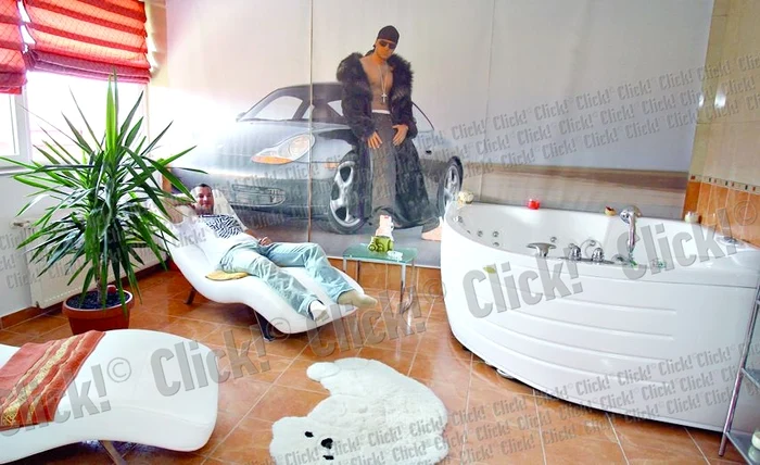 Într-una dintre  cele trei băi, Fizz  are un afiş imens cu el