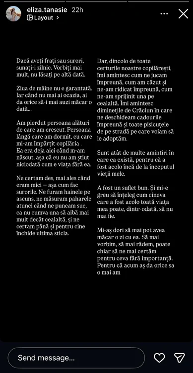Mesajul plin de regrete al surorii Valentinei 