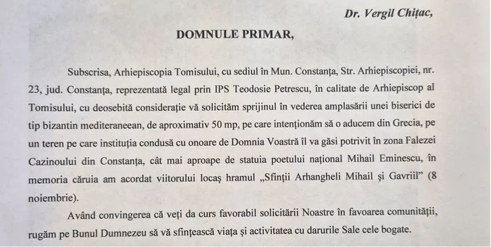 Solicitarea înaintată de IPS Teodosie (www.constanta.info)